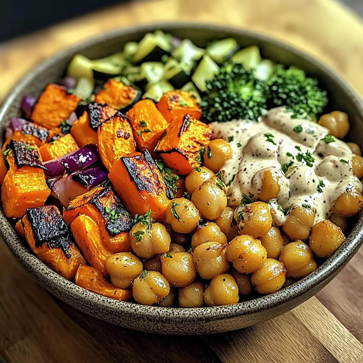 Genieße die geröstete Gemüse-Kichererbsen-Bowl mit Ahorn-Dijon-Dressing